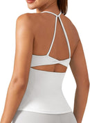 Women’s Twist Back Workout Tank Top with Built-In Bra Seamless Scoop Neck