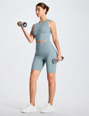 Women’s Denim Blue Butt Lifting Yoga Shorts High Waist Workout Shorts 8" Inseam