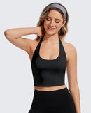 Women’s Black Halter Workout Crop Top with Built-In Bra Scoop Neck Backless