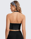 Women’s Black Halter Workout Crop Top with Built-In Bra Scoop Neck Backless