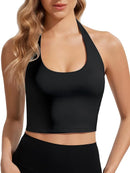 Women’s Black Halter Workout Crop Top with Built-In Bra Scoop Neck Backless