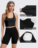 Women’s Black Halter Workout Crop Top with Built-In Bra Scoop Neck Backless